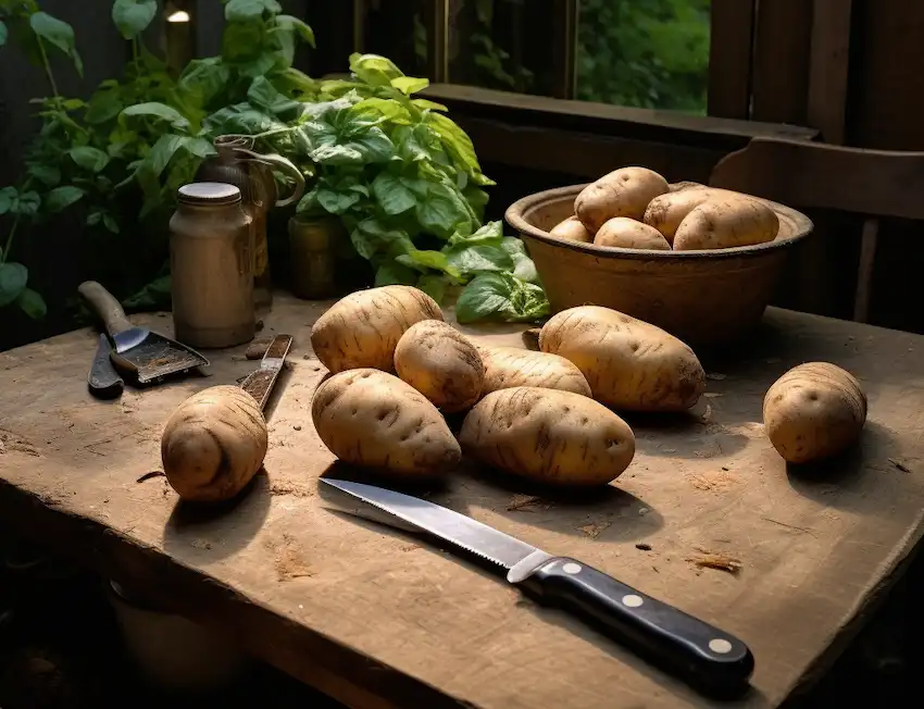 Schneiden Sie die Kartoffeln zum Pflanzen