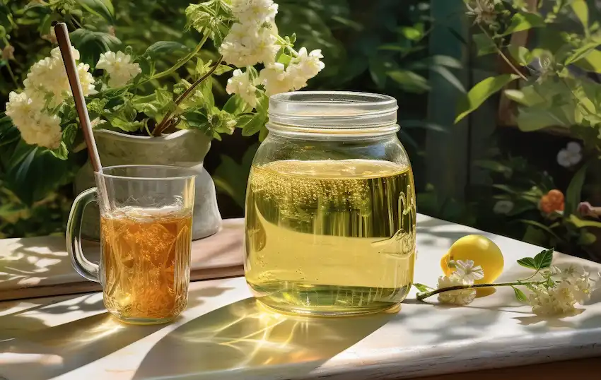 Glas Honig auf dem Tisch im Garten